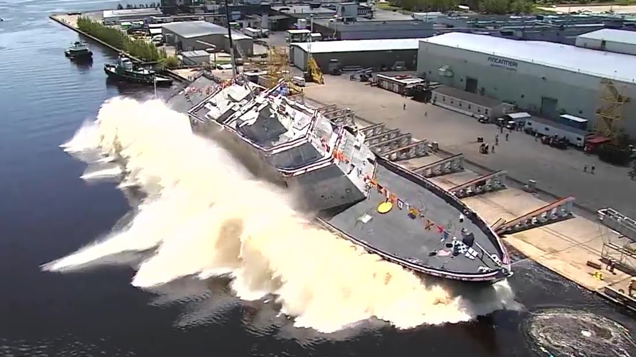 US Navy Launches New Warship Sideways Into Water  USS Billings Christening and Launch